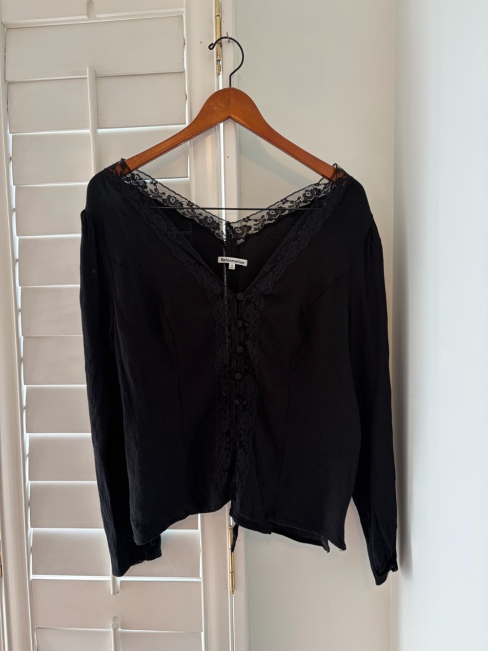 Reformation Nadene Top - Black Lace-Trim Long Sleeve Top - Women